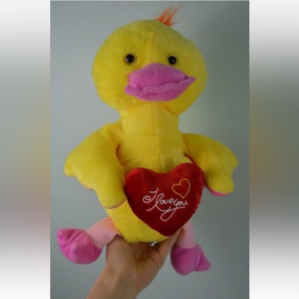 Toymax XYZ Plush Duck Stuffed Animal Toy Holding I Love You Heart Yellow Pink